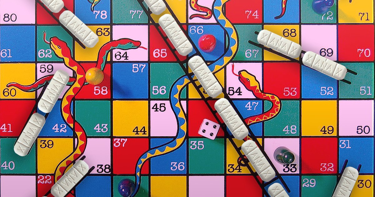 Ladders and Snakes by Matty Furious — a snakes-and-ladders board in flat primary colour.