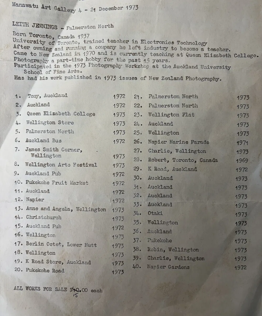 Scan of the original 1973 exhibition catalogue sheet, Manawatu Art Gallery